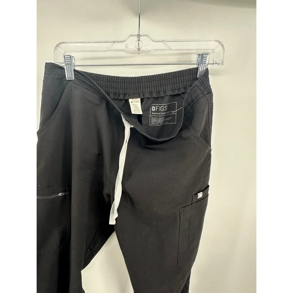 FIGS Technical Collection Women Black Scrub Pants Medium Drawstring Cargo Pocket